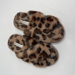 Laura Ashley Womens Leopard Faux Fur Cross Band Slippers Brown Tan Size S 5-6